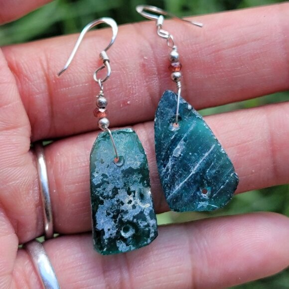 New handmade sterling silver 925 blue green sea glass dangle earrings - Picture 7 of 16